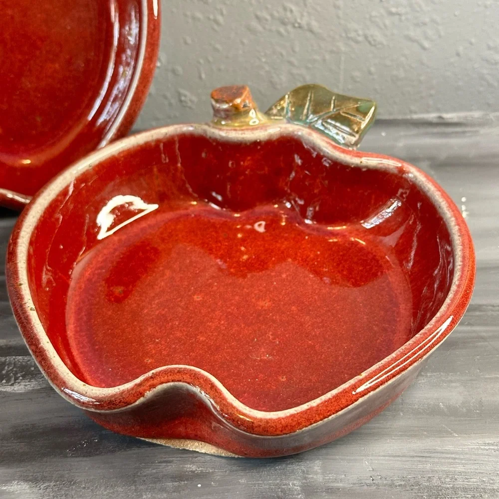 Vintage 1998 PBP red Stoneware individual apple shaped bakers set of 2 signed